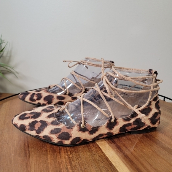 Old Navy Lace Up Ankle Wrap Leopard Print Pointed Toe Flats Size 7 - Picture 6 of 17